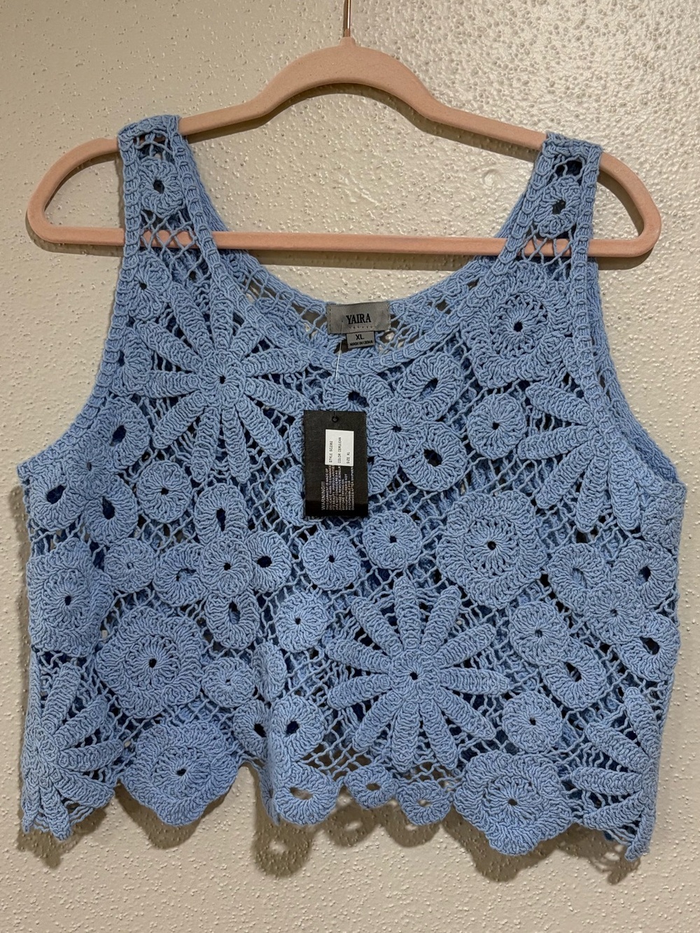 Yaira Blue Crochet Floral Tank Top XL Boho Beach Festival Sleeveless